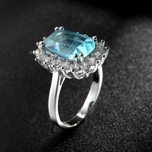 Jewelry ring blue center emerald shape sparkly halo statement 925 silver new - Picture 5 of 5